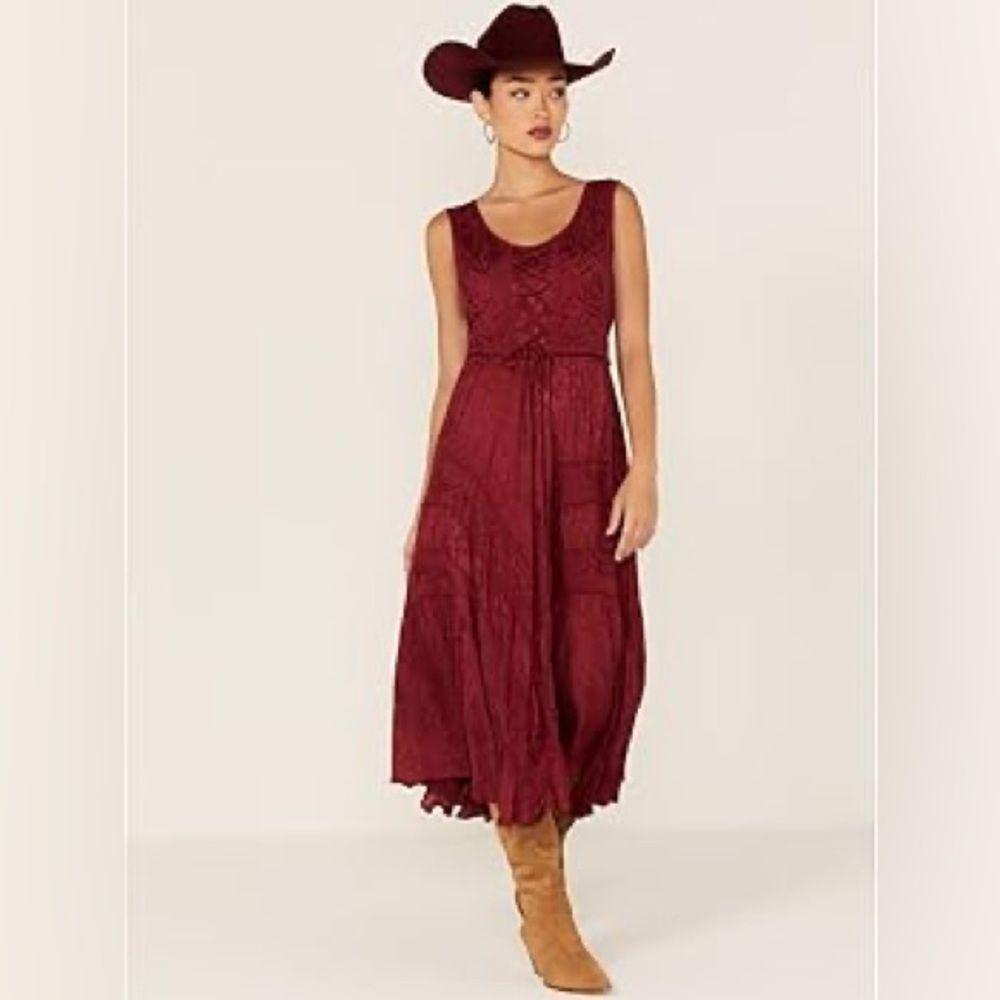 Scully Women's Honey Creek Burgundy Lace Up Peasant Tiered Dress